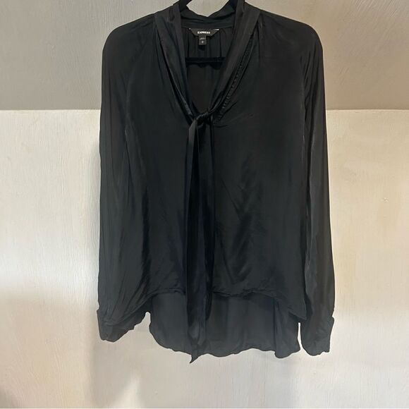 Express Satin Tie Neck Work Shirt Blouse Blouson Sleeve Top - Picture 2 of 9